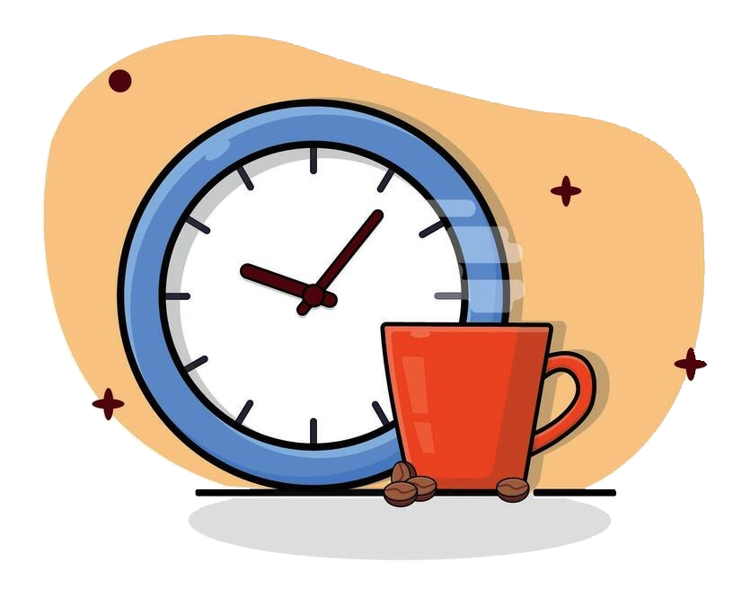 Illustration of coffee and a clock — helping prevent cortisol spikes caused by caffeine