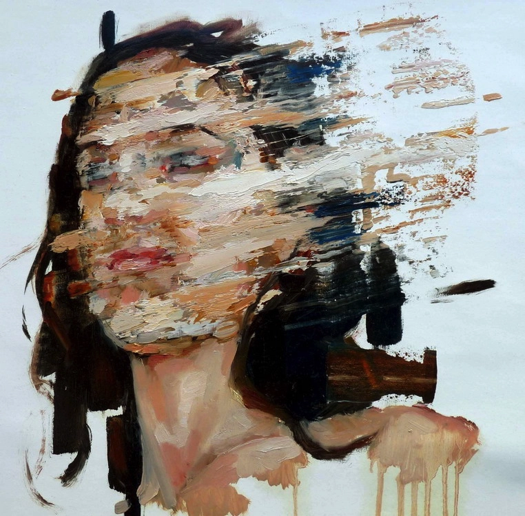 Oil painting portrait of a face breaking apart into loose brushstrokes on the right side — symbolizing the inner fragmentation intensified by shame