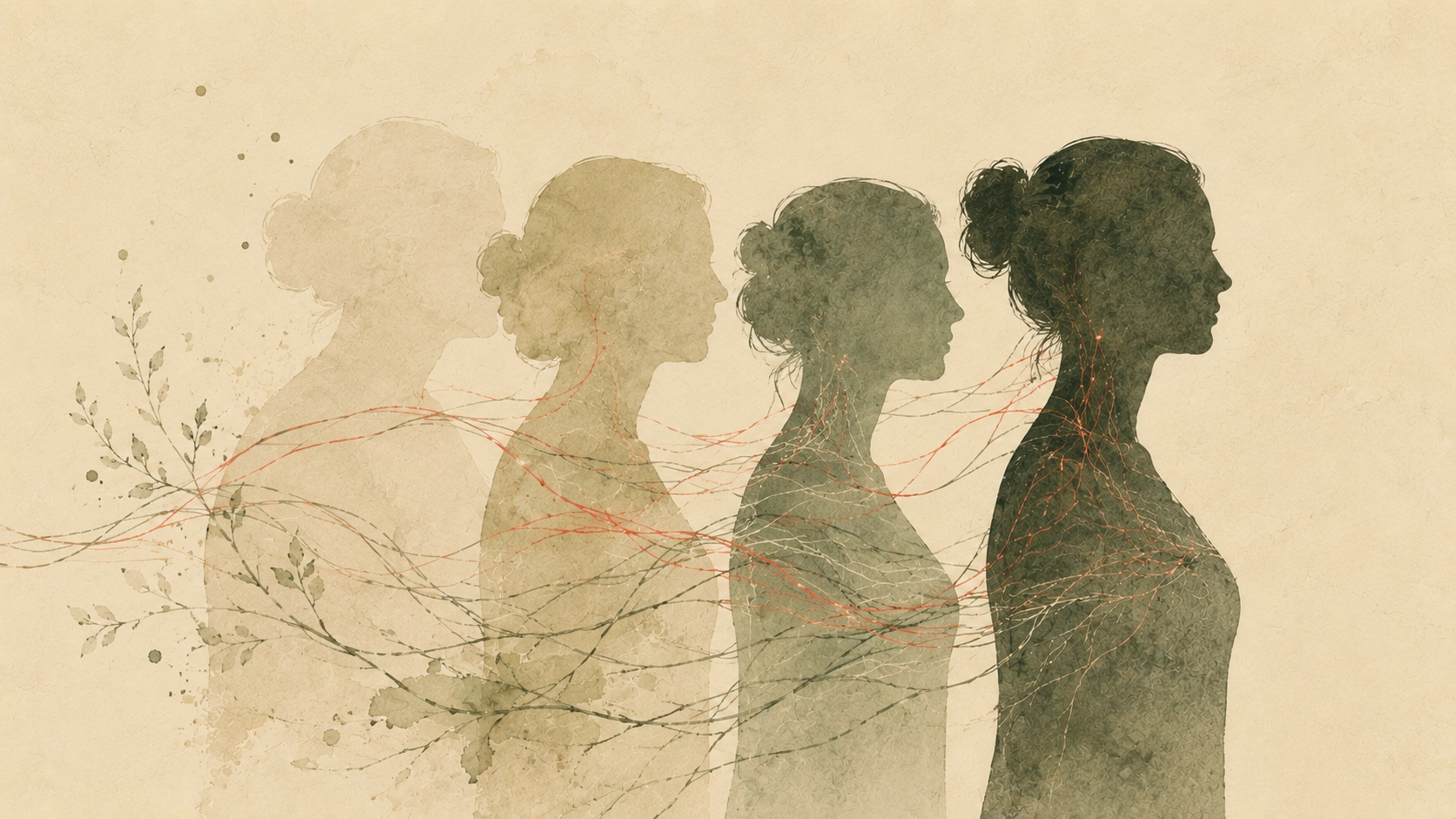 Illustration of four layered profile silhouettes: generations standing behind one another, connected by thin threads