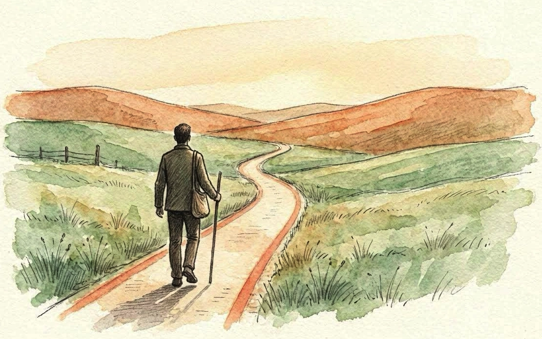 Illustratie van een rustige figuur die op een wandelpad een landschap inloopt — symbool voor het begin van een leesreis
